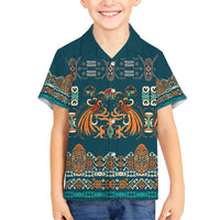 Dark Cyan Blue Batik Papua-inspired Pattern Family Matching Off Shoulder Short Dress and Hawaiian Shirt LT9 Son's Shirt Blue - Polynesian Pride