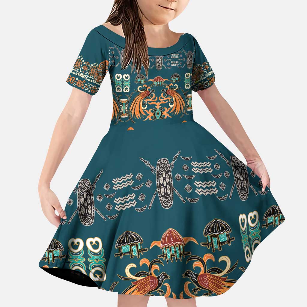 Dark Cyan Blue Batik Papua-inspired Pattern Family Matching Puletasi and Hawaiian Shirt - Polynesian Pride