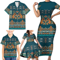 Dark Cyan Blue Batik Papua-inspired Pattern Family Matching Short Sleeve Bodycon Dress and Hawaiian Shirt LT9 - Polynesian Pride