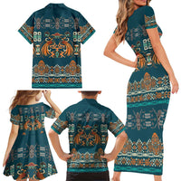 Dark Cyan Blue Batik Papua-inspired Pattern Family Matching Short Sleeve Bodycon Dress and Hawaiian Shirt LT9 - Polynesian Pride