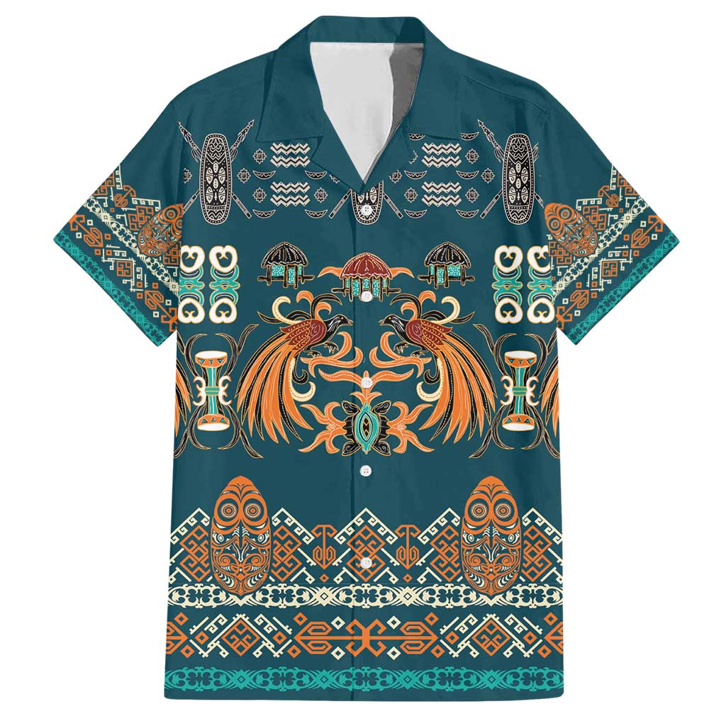 Dark Cyan Blue Batik Papua-inspired Pattern Family Matching Short Sleeve Bodycon Dress and Hawaiian Shirt LT9 Dad's Shirt - Short Sleeve Blue - Polynesian Pride