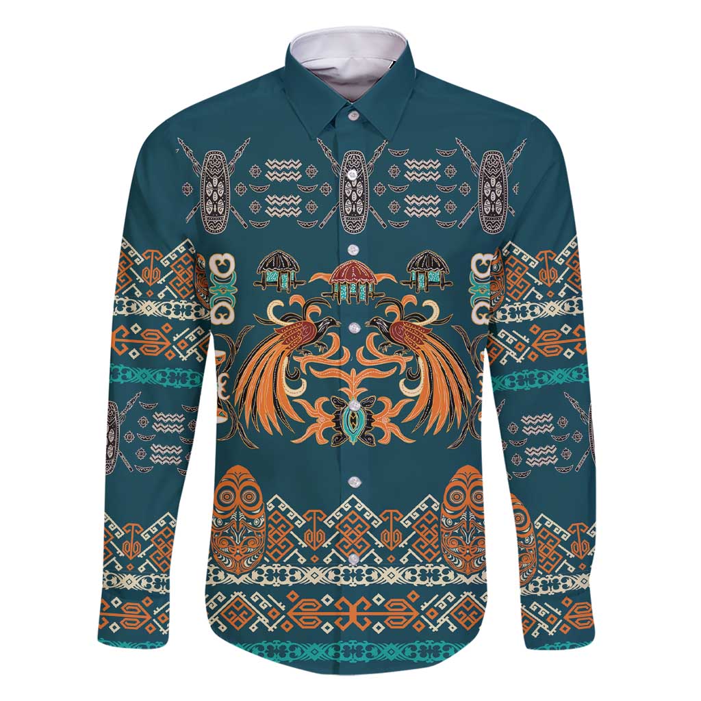 Dark Cyan Blue Batik Papua-inspired Pattern Family Matching Short Sleeve Bodycon Dress and Hawaiian Shirt LT9 Dad's Shirt - Long Sleeve Blue - Polynesian Pride