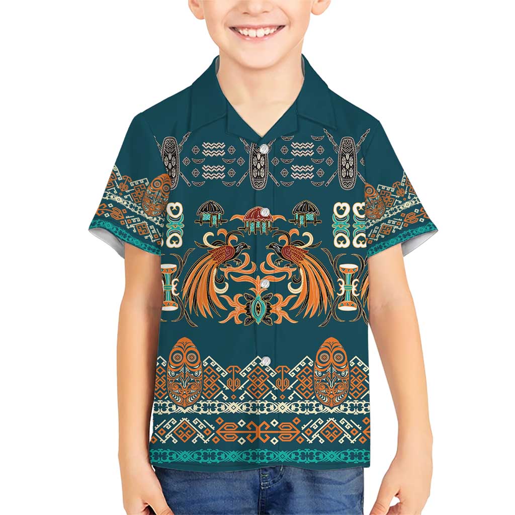 Dark Cyan Blue Batik Papua-inspired Pattern Family Matching Short Sleeve Bodycon Dress and Hawaiian Shirt LT9 Son's Shirt Blue - Polynesian Pride