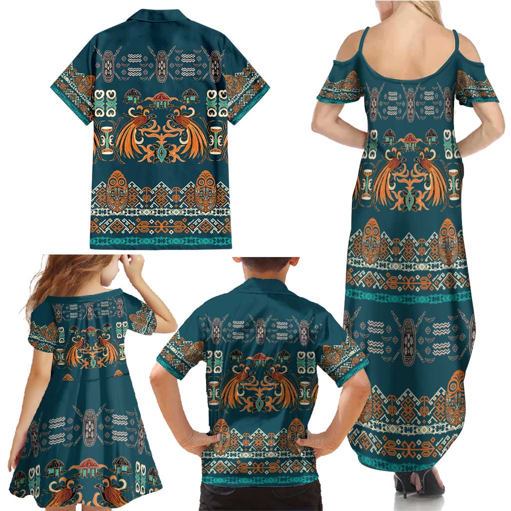 Dark Cyan Blue Batik Papua-inspired Pattern Family Matching Summer Maxi Dress and Hawaiian Shirt LT9 - Polynesian Pride