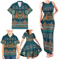 Dark Cyan Blue Batik Papua-inspired Pattern Family Matching Tank Maxi Dress and Hawaiian Shirt LT9 - Polynesian Pride