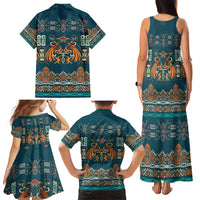 Dark Cyan Blue Batik Papua-inspired Pattern Family Matching Tank Maxi Dress and Hawaiian Shirt LT9 - Polynesian Pride