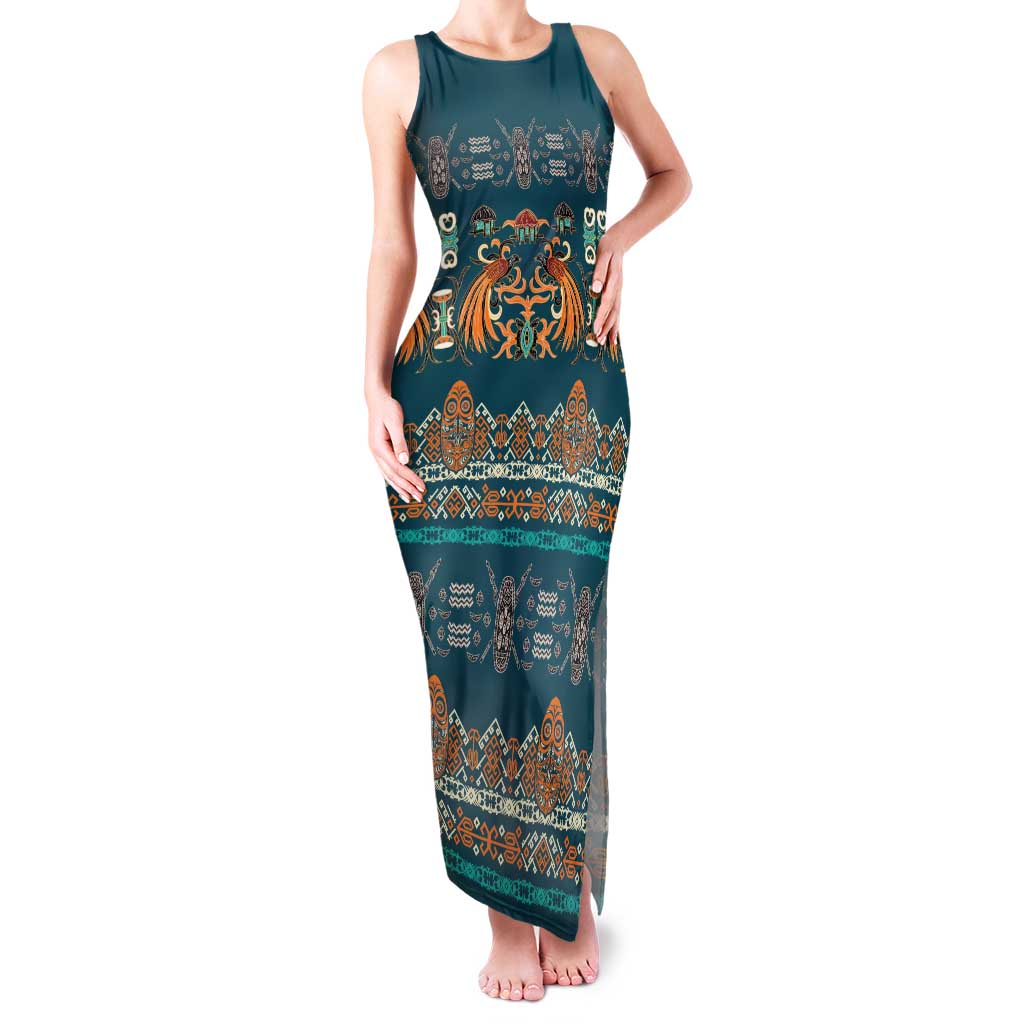Dark Cyan Blue Batik Papua-inspired Pattern Family Matching Tank Maxi Dress and Hawaiian Shirt LT9 Mom's Dress Blue - Polynesian Pride