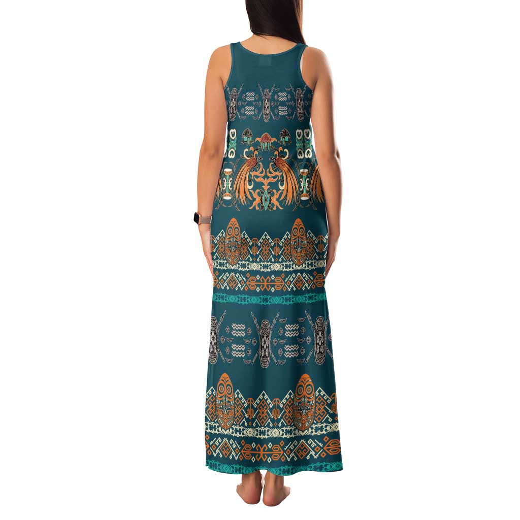 Dark Cyan Blue Batik Papua-inspired Pattern Family Matching Tank Maxi Dress and Hawaiian Shirt LT9 - Polynesian Pride