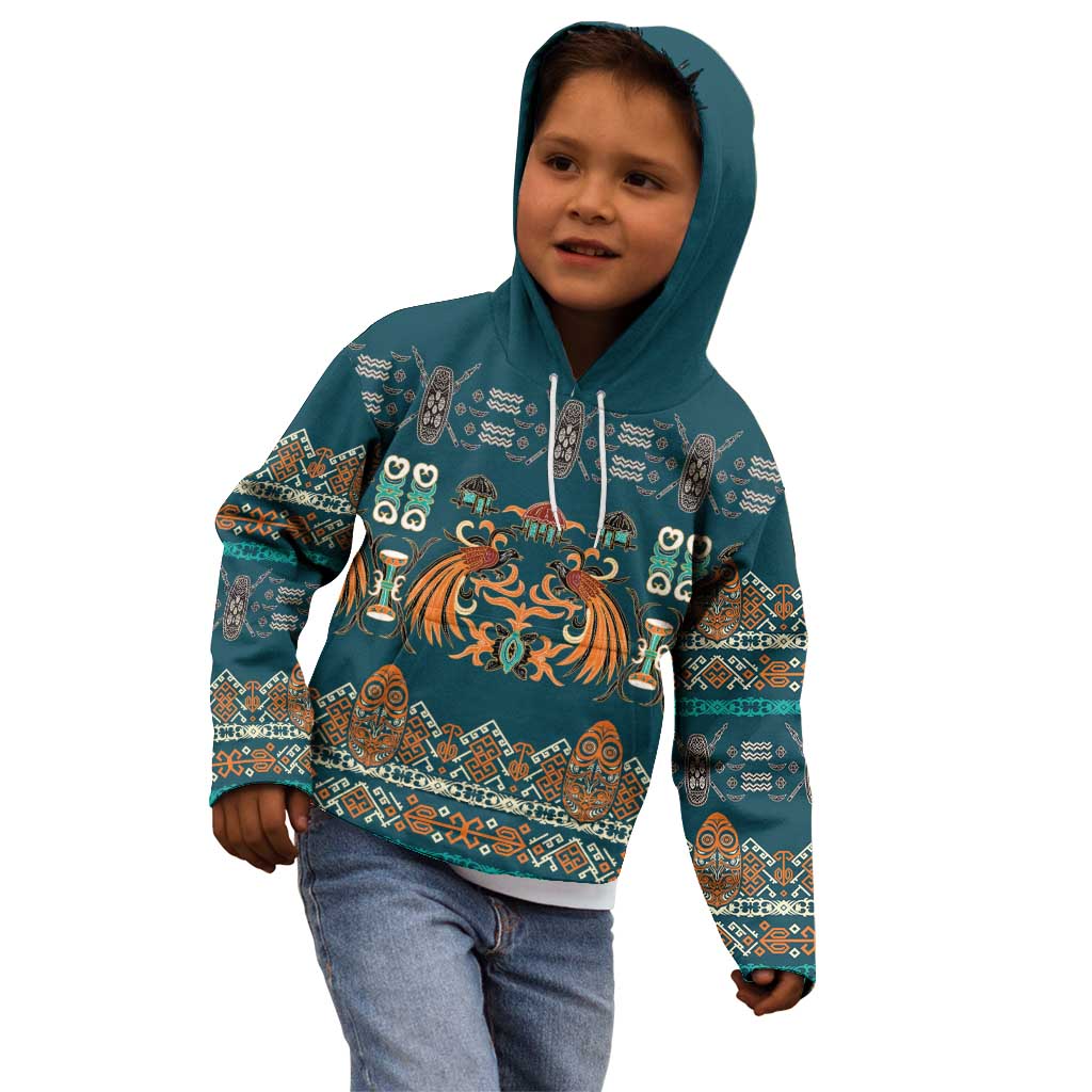 Dark Cyan Blue Batik Papua-inspired Pattern Kid Hoodie LT9 - Polynesian Pride