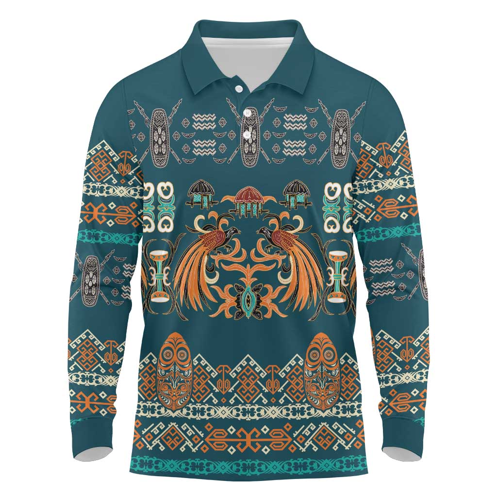 Dark Cyan Blue Batik Papua-inspired Pattern Long Sleeve Polo Shirt LT9 Blue - Polynesian Pride