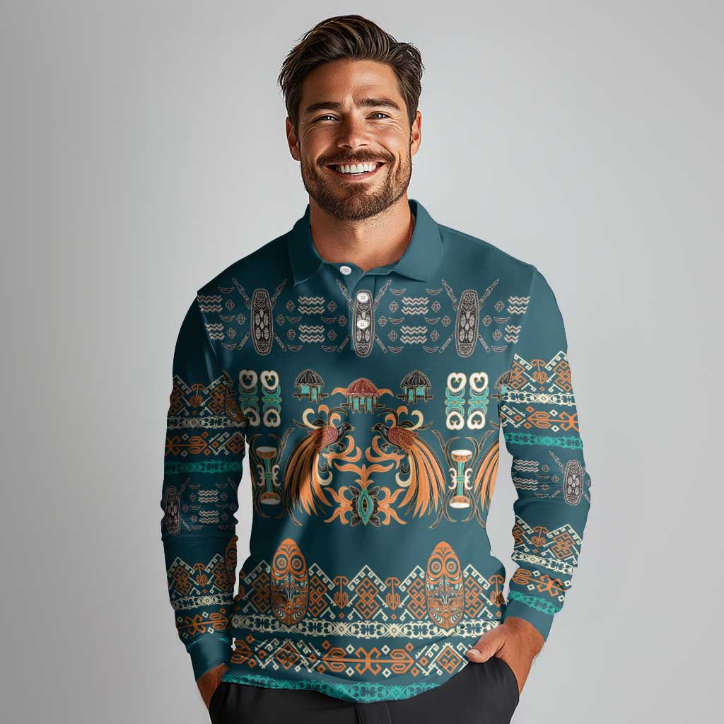 Dark Cyan Blue Batik Papua-inspired Pattern Long Sleeve Polo Shirt - Polynesian Pride