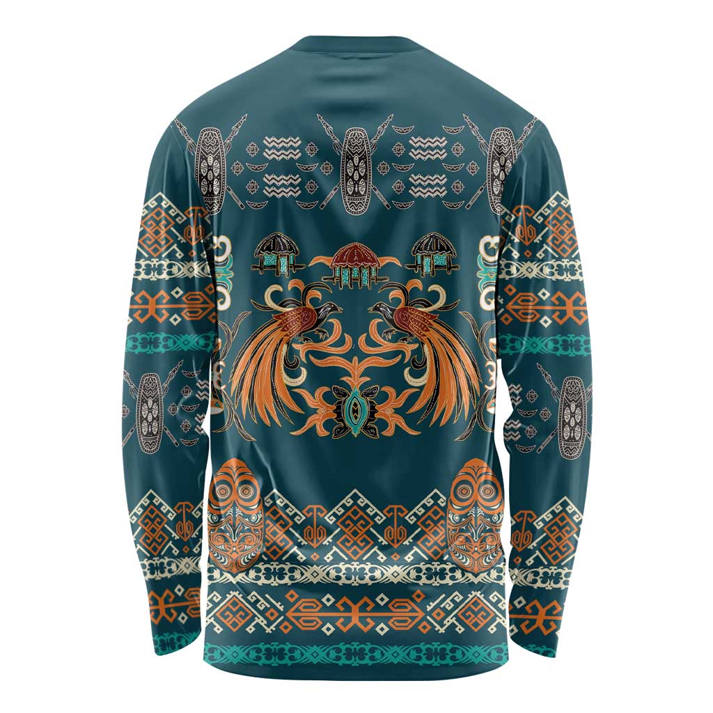 Dark Cyan Blue Batik Papua-inspired Pattern Long Sleeve Shirt - Polynesian Pride