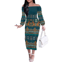 Dark Cyan Blue Batik Papua-inspired Pattern Off The Shoulder Long Sleeve Dress LT9 Women Blue - Polynesian Pride