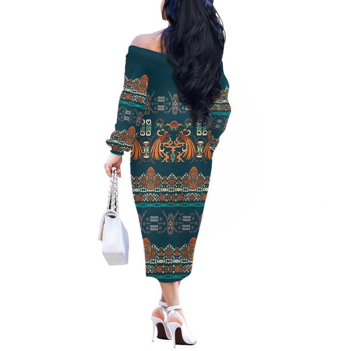 Dark Cyan Blue Batik Papua-inspired Pattern Off The Shoulder Long Sleeve Dress LT9 - Polynesian Pride