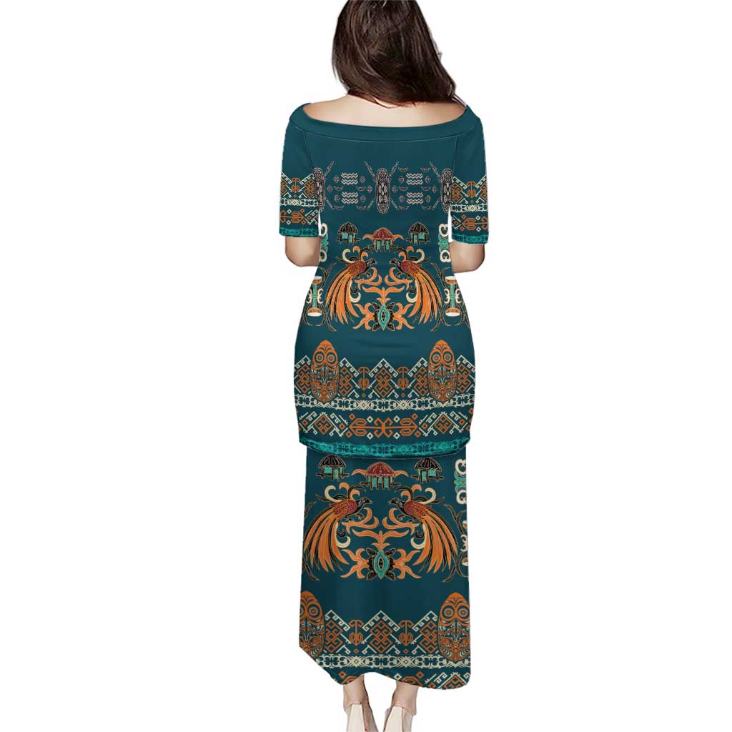 Dark Cyan Blue Batik Papua-inspired Pattern Puletasi - Polynesian Pride
