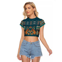 Dark Cyan Blue Batik Papua-inspired Pattern Raglan Cropped T Shirt LT9 Female Blue - Polynesian Pride