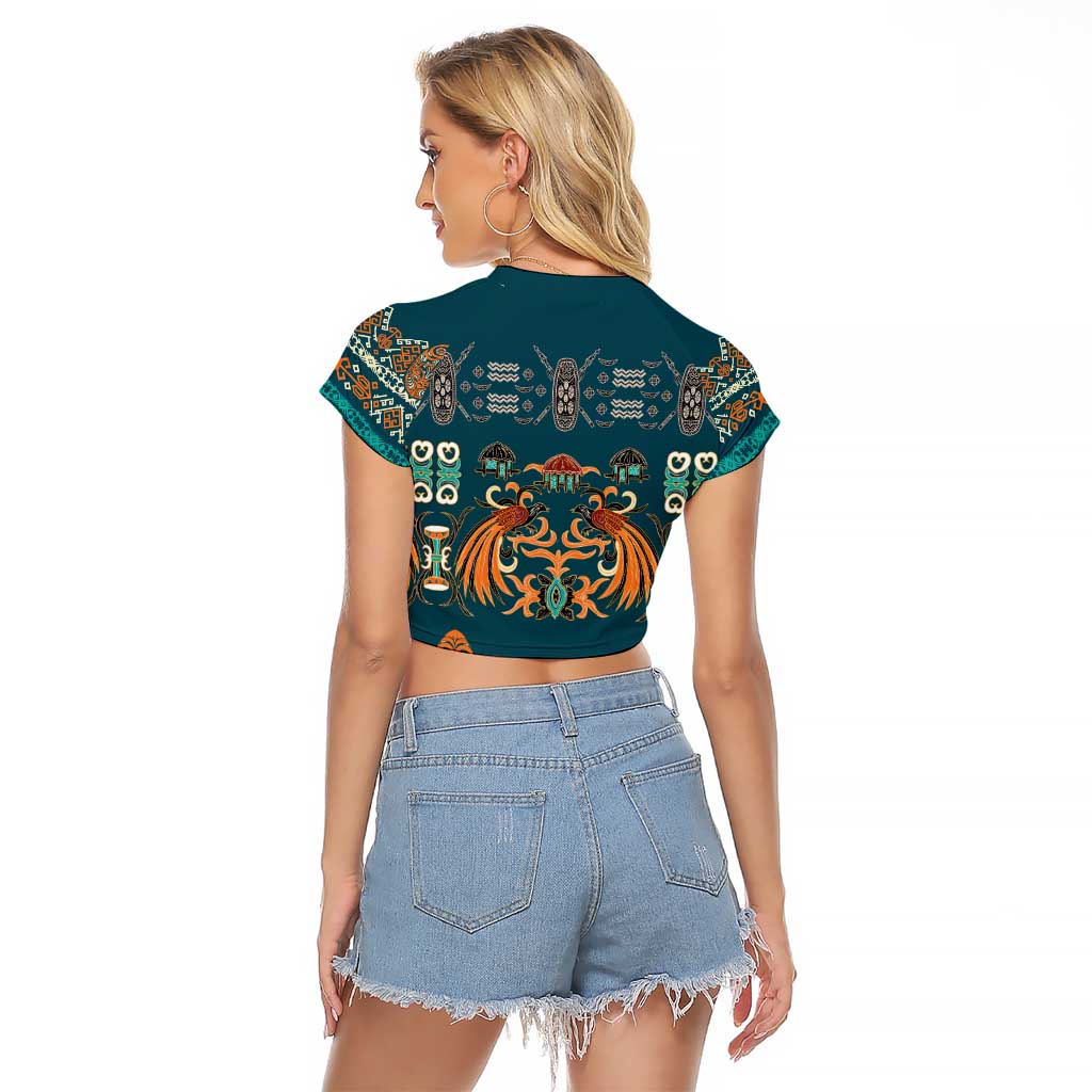 Dark Cyan Blue Batik Papua-inspired Pattern Raglan Cropped T Shirt LT9 - Polynesian Pride