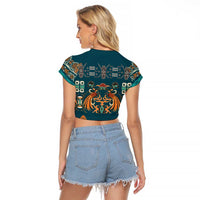 Dark Cyan Blue Batik Papua-inspired Pattern Raglan Cropped T Shirt LT9 - Polynesian Pride