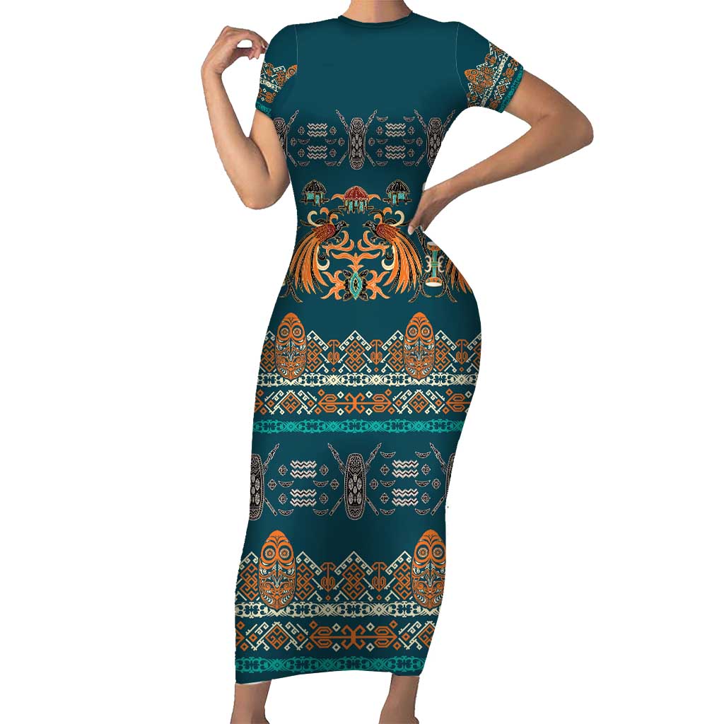 Dark Cyan Blue Batik Papua-inspired Pattern Short Sleeve Bodycon Dress LT9 Long Dress Blue - Polynesian Pride