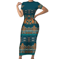 Dark Cyan Blue Batik Papua-inspired Pattern Short Sleeve Bodycon Dress LT9 Long Dress Blue - Polynesian Pride