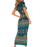 Dark Cyan Blue Batik Papua-inspired Pattern Short Sleeve Bodycon Dress LT9 - Polynesian Pride