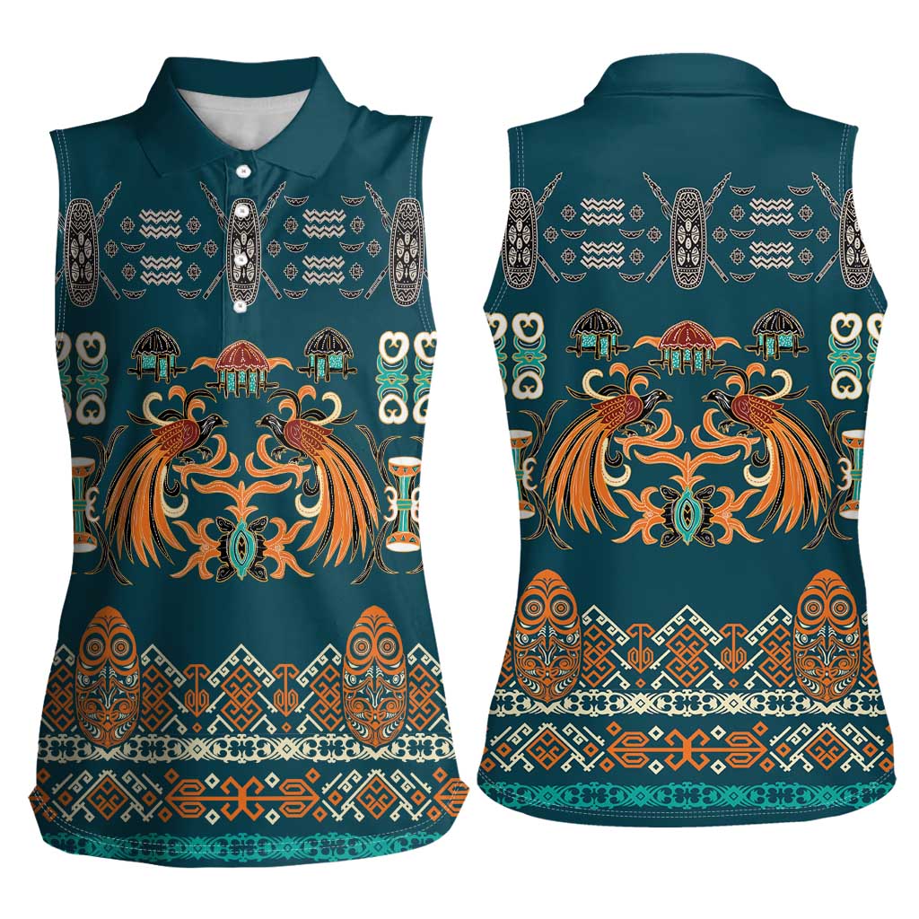 Dark Cyan Blue Batik Papua-inspired Pattern Women Sleeveless Polo Shirt - Polynesian Pride