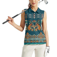 Dark Cyan Blue Batik Papua-inspired Pattern Women Sleeveless Polo Shirt - Polynesian Pride