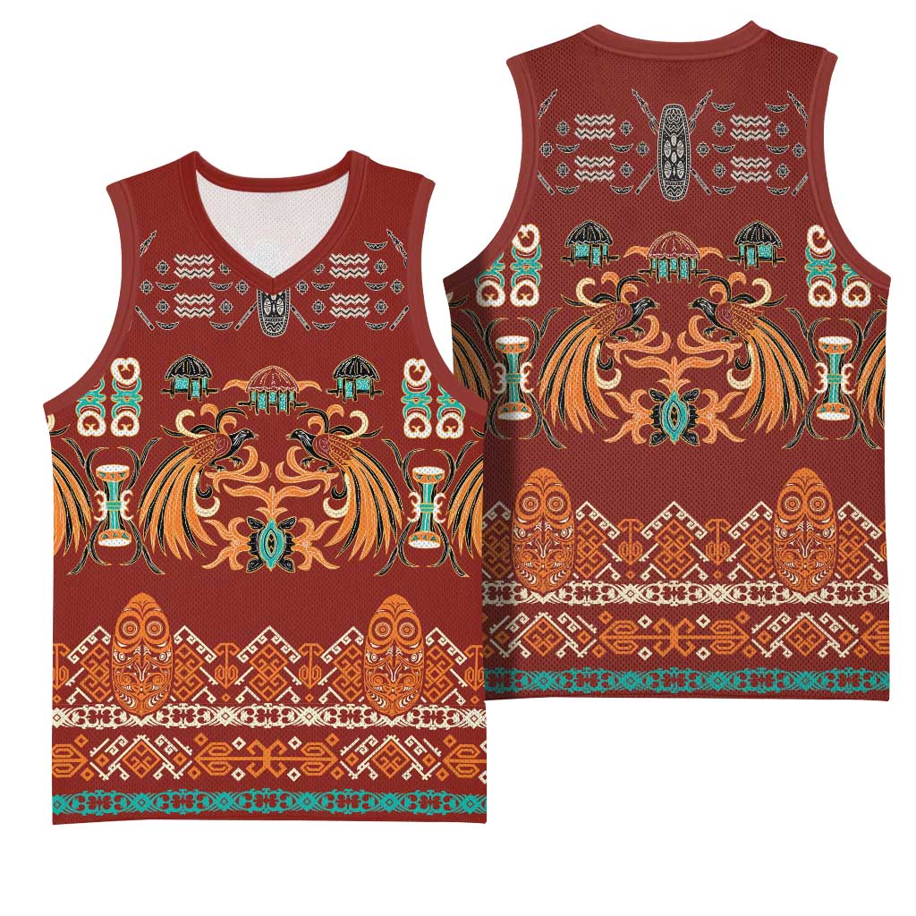 Oxblood Batik Papua-inspired Pattern Basketball Jersey - Polynesian Pride