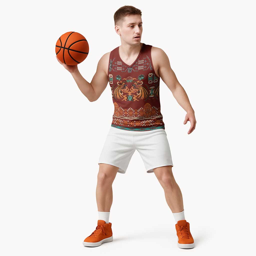 Oxblood Batik Papua-inspired Pattern Basketball Jersey - Polynesian Pride