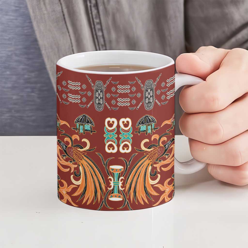 Oxblood Batik Papua-inspired Pattern Ceramic Mug - Polynesian Pride