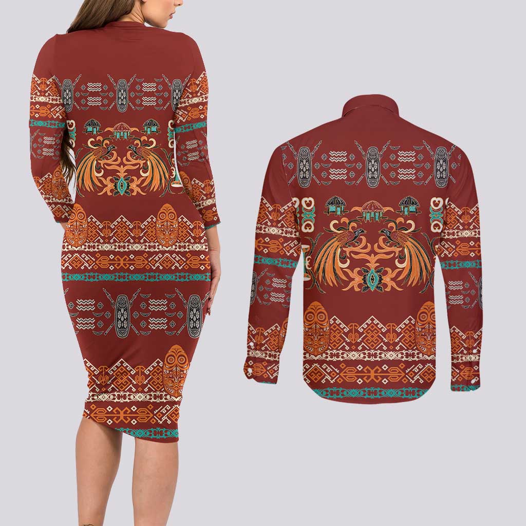 Oxblood Batik Papua-inspired Pattern Couples Matching Long Sleeve Bodycon Dress and Long Sleeve Button Shirt - Polynesian Pride