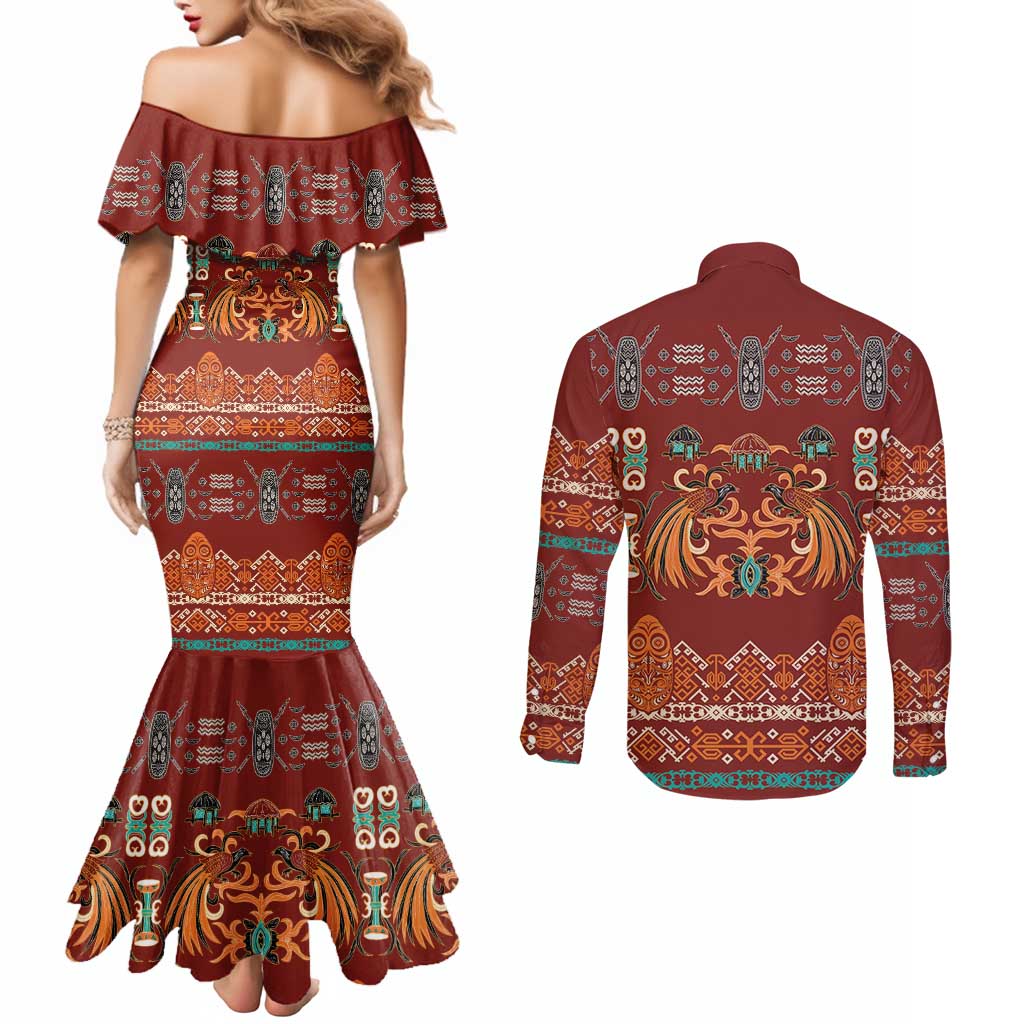 Oxblood Batik Papua-inspired Pattern Couples Matching Mermaid Dress and Long Sleeve Button Shirt - Polynesian Pride