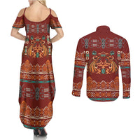 Oxblood Batik Papua-inspired Pattern Couples Matching Summer Maxi Dress and Long Sleeve Button Shirt LT9 - Polynesian Pride