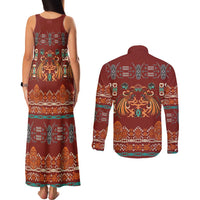 Oxblood Batik Papua-inspired Pattern Couples Matching Tank Maxi Dress and Long Sleeve Button Shirt - Polynesian Pride