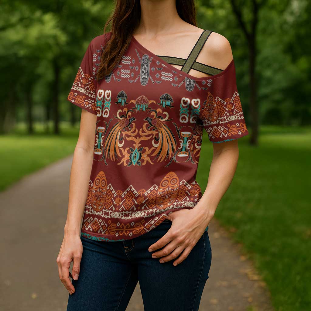 Oxblood Batik Papua-inspired Pattern Cross Shoulder Shirt - Polynesian Pride