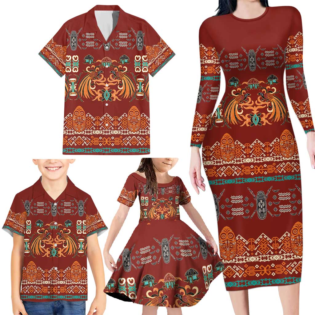 Oxblood Batik Papua-inspired Pattern Family Matching Long Sleeve Bodycon Dress and Hawaiian Shirt LT9 - Polynesian Pride