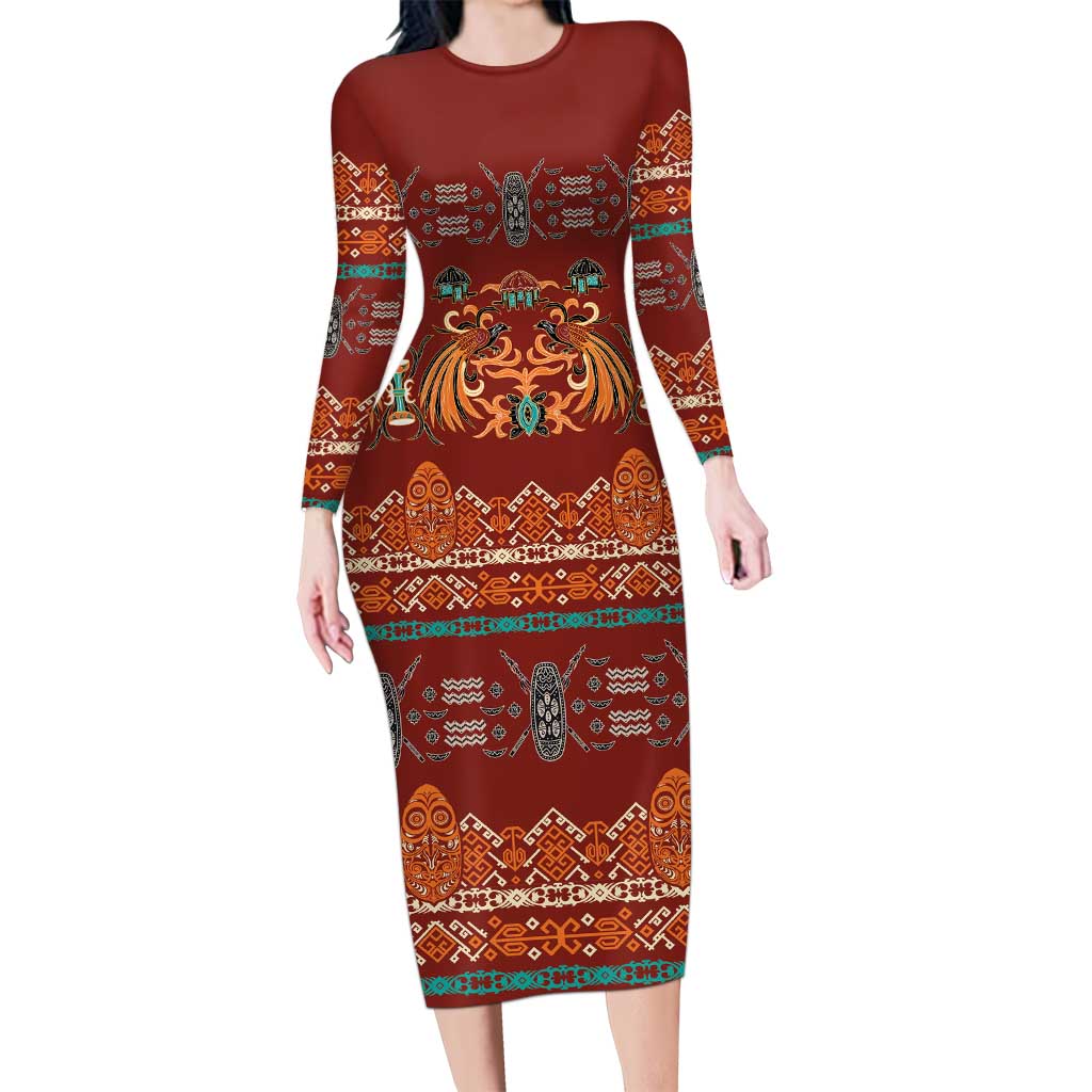 Oxblood Batik Papua-inspired Pattern Family Matching Long Sleeve Bodycon Dress and Hawaiian Shirt LT9 Mom's Dress Red - Polynesian Pride