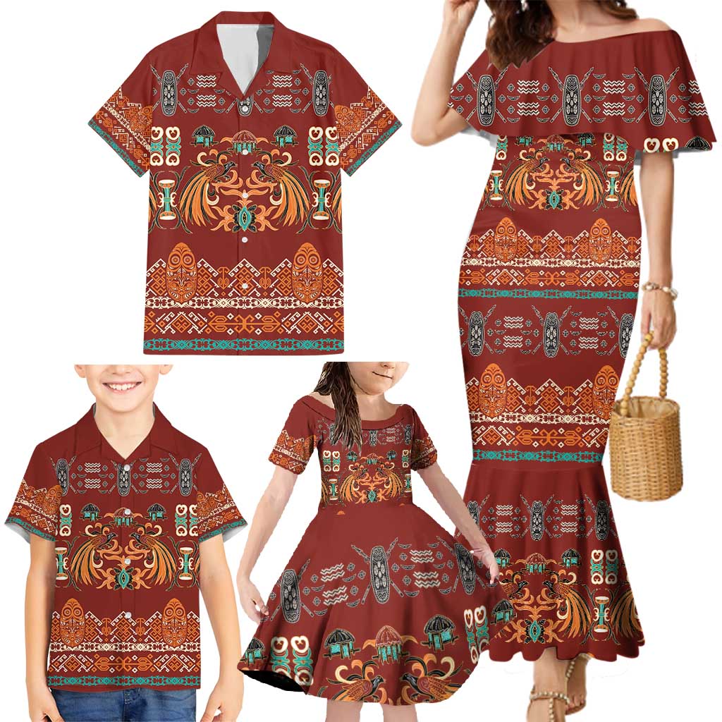Oxblood Batik Papua-inspired Pattern Family Matching Mermaid Dress and Hawaiian Shirt LT9 - Polynesian Pride