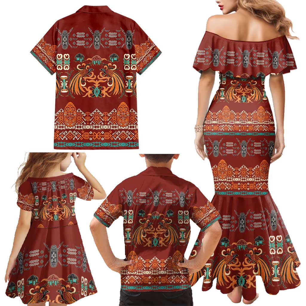 Oxblood Batik Papua-inspired Pattern Family Matching Mermaid Dress and Hawaiian Shirt LT9 - Polynesian Pride