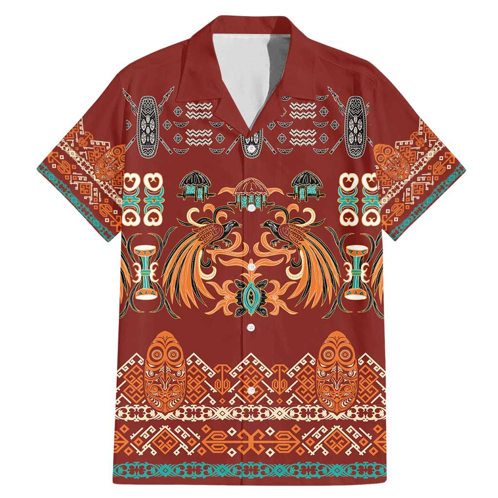 Oxblood Batik Papua-inspired Pattern Family Matching Mermaid Dress and Hawaiian Shirt LT9 Dad's Shirt - Short Sleeve Red - Polynesian Pride