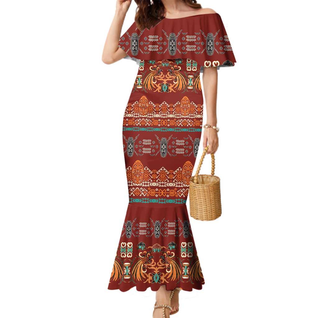 Oxblood Batik Papua-inspired Pattern Family Matching Mermaid Dress and Hawaiian Shirt LT9 Mom's Dress Red - Polynesian Pride