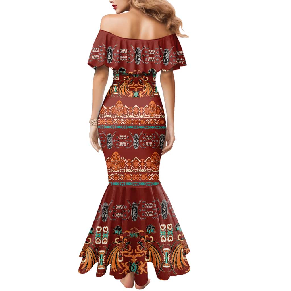 Oxblood Batik Papua-inspired Pattern Family Matching Mermaid Dress and Hawaiian Shirt LT9 - Polynesian Pride
