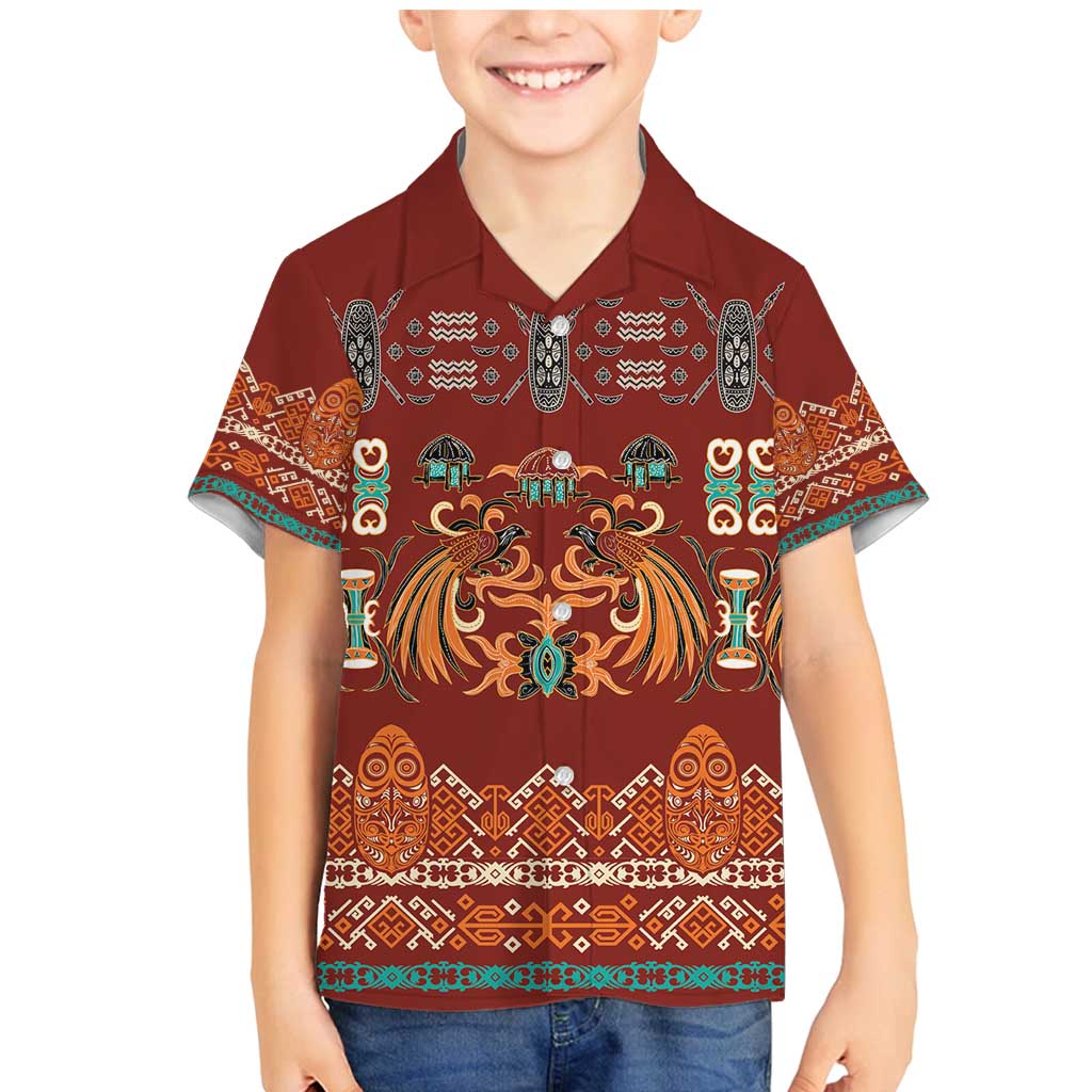 Oxblood Batik Papua-inspired Pattern Family Matching Mermaid Dress and Hawaiian Shirt LT9 Son's Shirt Red - Polynesian Pride