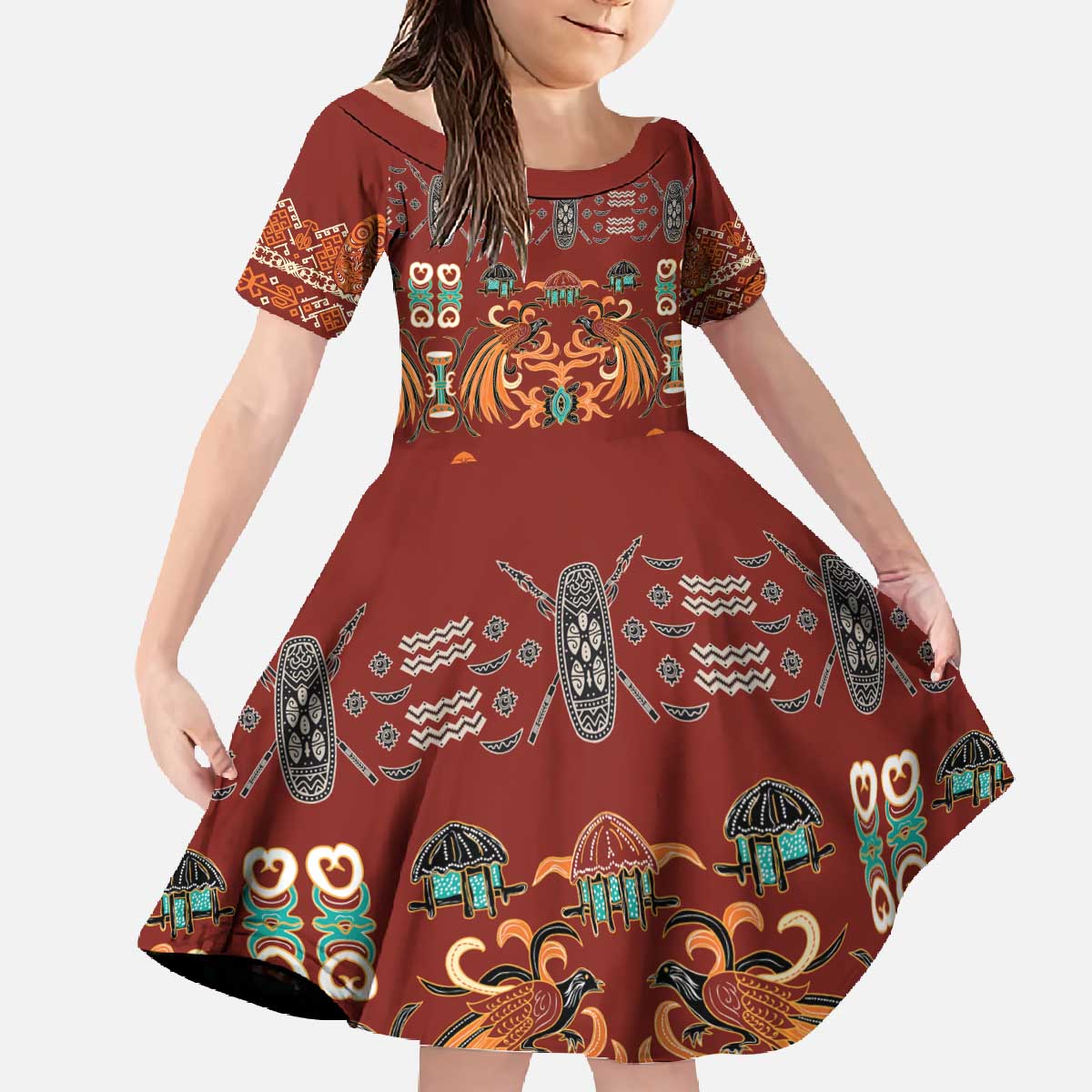 Oxblood Batik Papua-inspired Pattern Family Matching Off The Shoulder Long Sleeve Dress and Hawaiian Shirt LT9 Daughter's Dress Red - Polynesian Pride