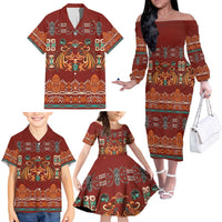 Oxblood Batik Papua-inspired Pattern Family Matching Off The Shoulder Long Sleeve Dress and Hawaiian Shirt LT9 - Polynesian Pride