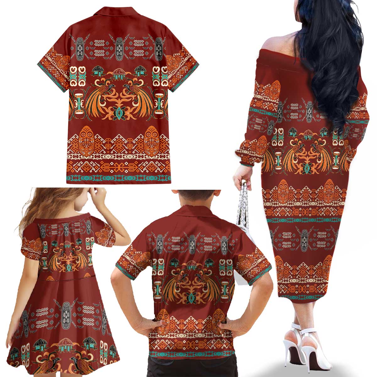 Oxblood Batik Papua-inspired Pattern Family Matching Off The Shoulder Long Sleeve Dress and Hawaiian Shirt LT9 - Polynesian Pride