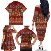 Oxblood Batik Papua-inspired Pattern Family Matching Off The Shoulder Long Sleeve Dress and Hawaiian Shirt LT9 - Polynesian Pride