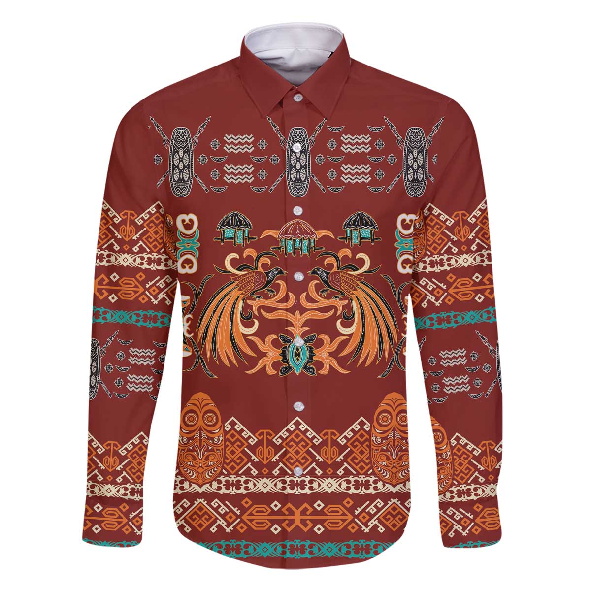 Oxblood Batik Papua-inspired Pattern Family Matching Off The Shoulder Long Sleeve Dress and Hawaiian Shirt LT9 Dad's Shirt - Long Sleeve Red - Polynesian Pride