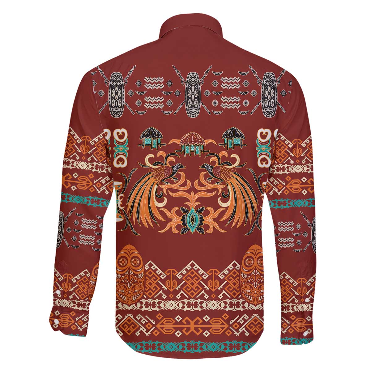 Oxblood Batik Papua-inspired Pattern Family Matching Off The Shoulder Long Sleeve Dress and Hawaiian Shirt LT9 - Polynesian Pride