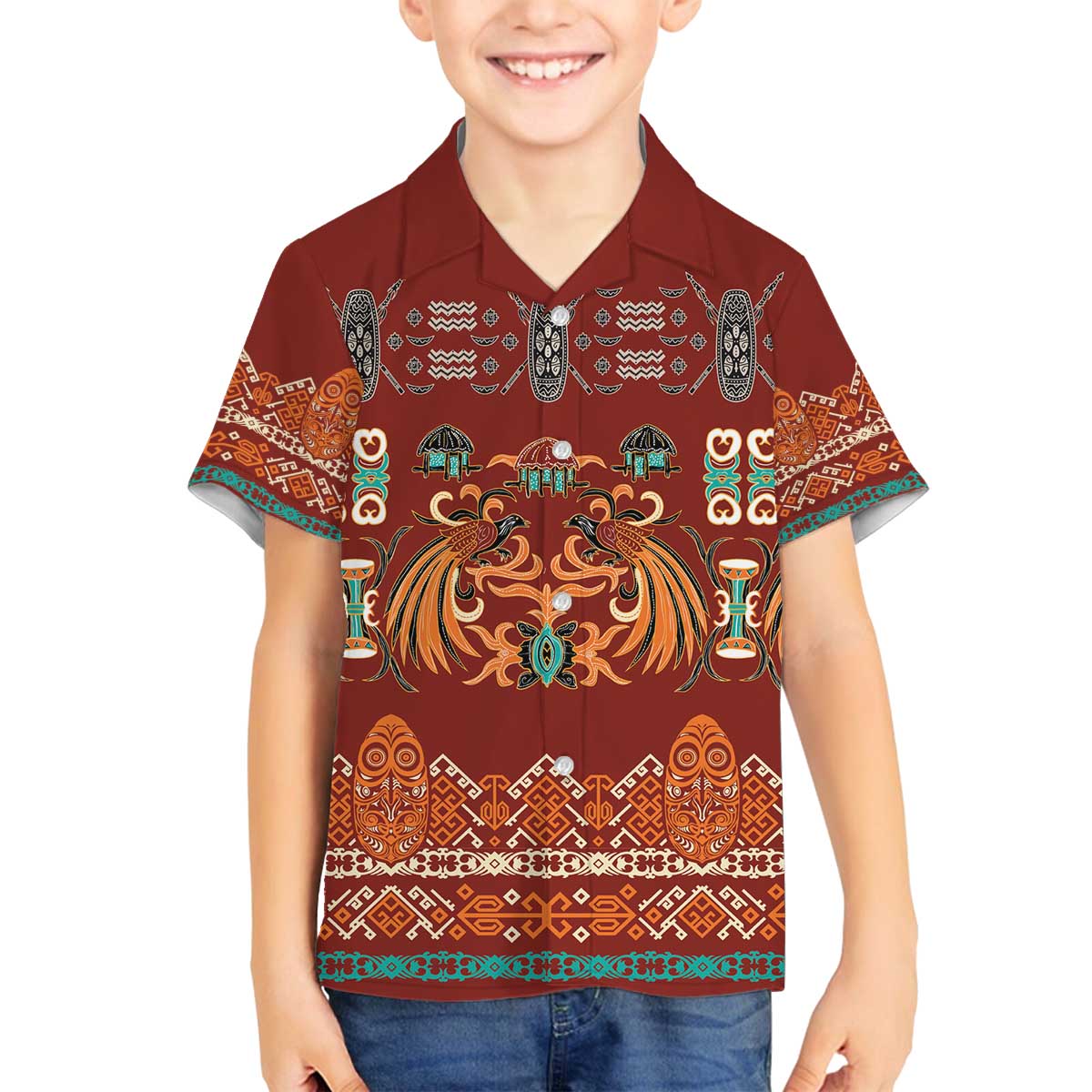 Oxblood Batik Papua-inspired Pattern Family Matching Off The Shoulder Long Sleeve Dress and Hawaiian Shirt LT9 Son's Shirt Red - Polynesian Pride